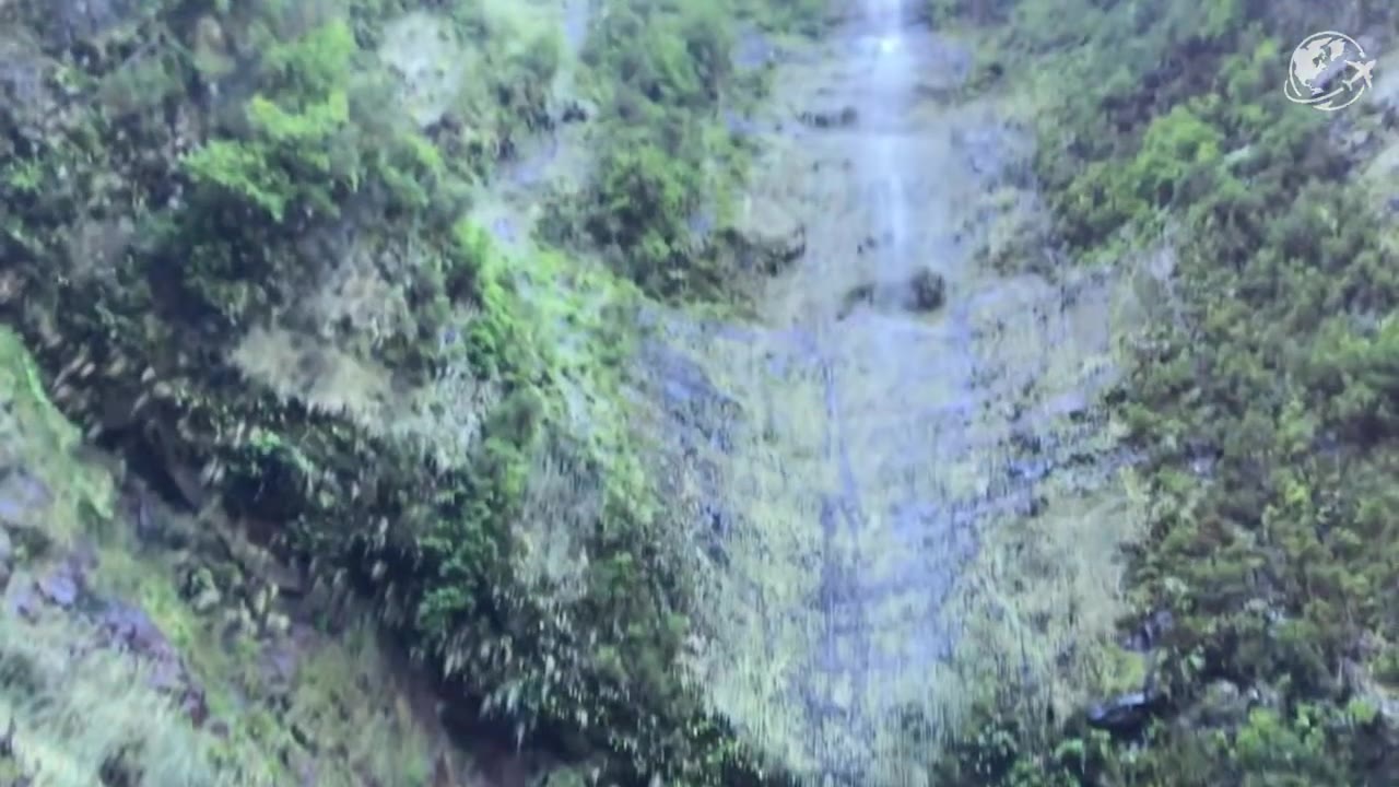 A cascata do Caldeirão Verde, com 100 metros de altura, que desce para a sua piscina verdejante, rodeada por penhascos, na floresta de Laurissilva da Madeira